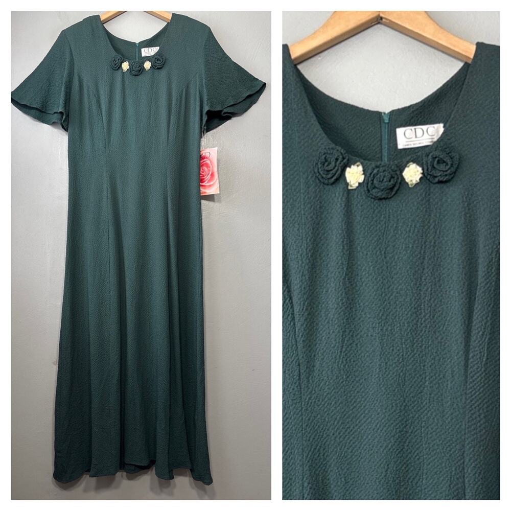 Vintage 90s Tea Dress Size 8 Dark Green Romantic Maxi Cottagecore Wedding Guest